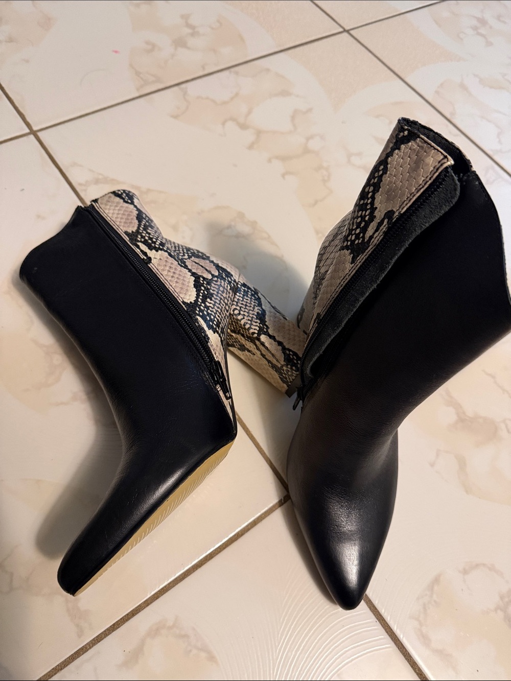 Pointed Black Leather Ankle Boots with Snake-Print Shaft